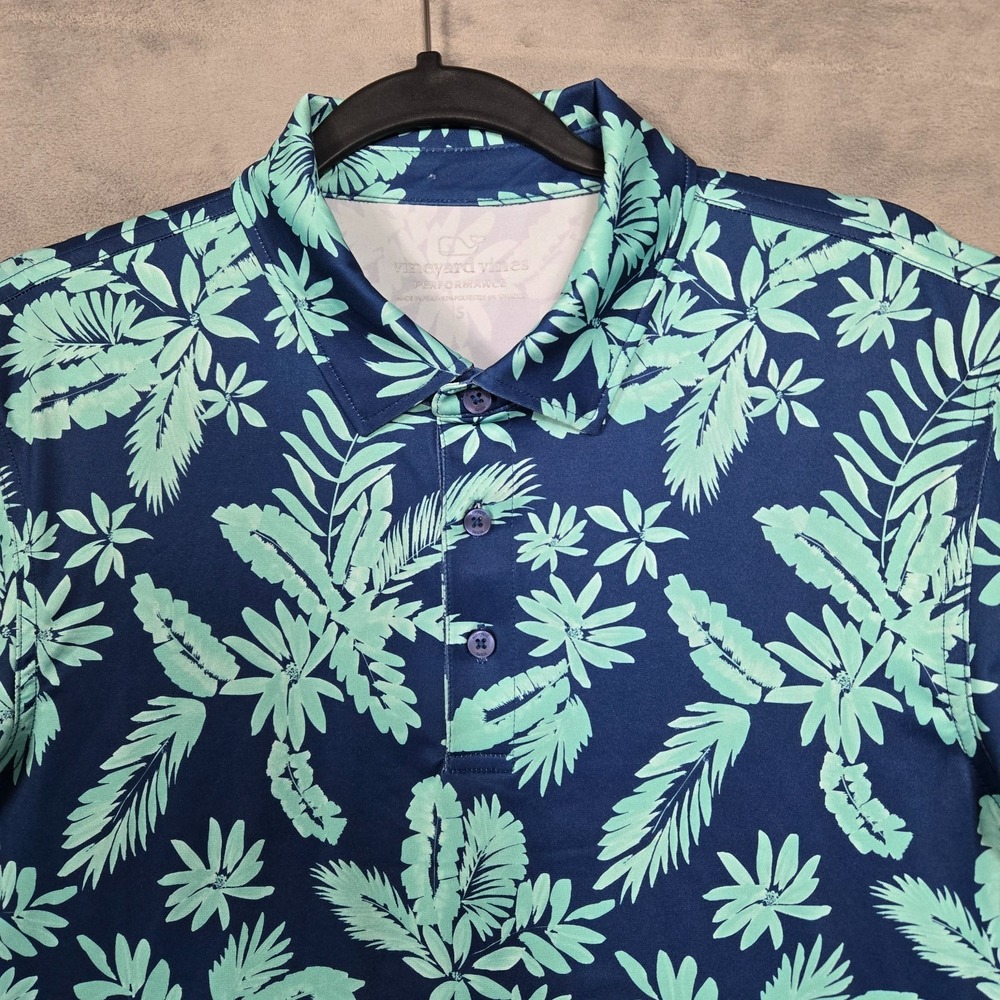 Vineyard Vines Polo Mens Small Blue Floral Hawaiian Printed Performance Stretch